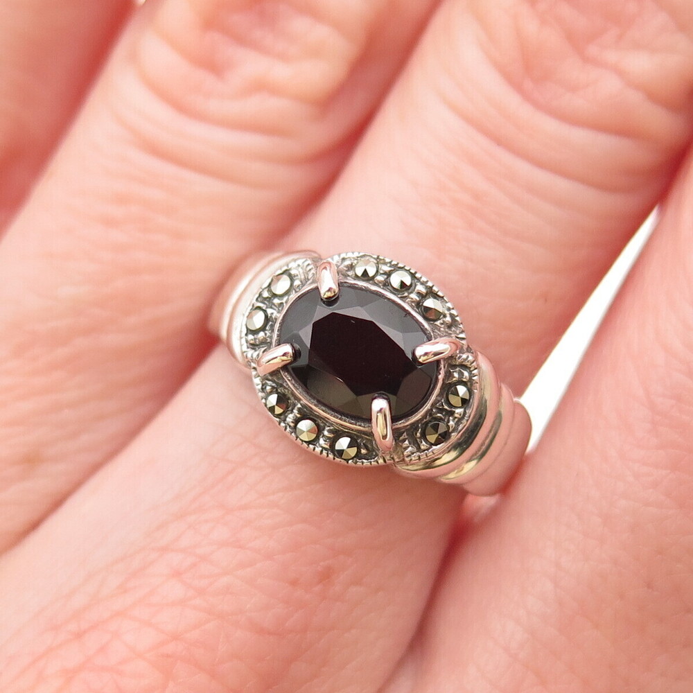 925 Sterling Silver Vintage Real Red Garnet & Marcasite Oxidized Ring Size 6.75
